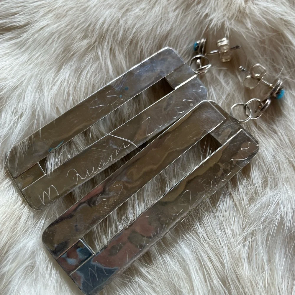 Zuni Turquoise Rectangular Drop Earrings - Picture 6 of 6